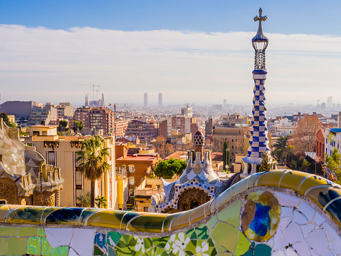 Aerial view of Barceloneta with Port Vell in Barcelona Spain