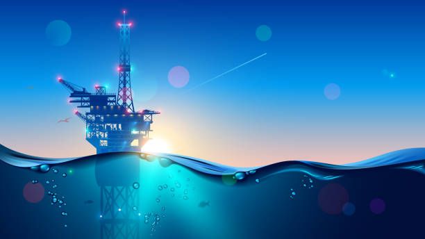 offshore oil lub gas rig w morzu o zachodzie słońca. platformę wiertniczą w oceanie. woda z podwodnymi bąbelkami ze wschodem słońca na horyzoncie. podmorskiego krajobrazu morskiego. ropa naftowa. - oil rig drilling rig mining oil stock illustrations