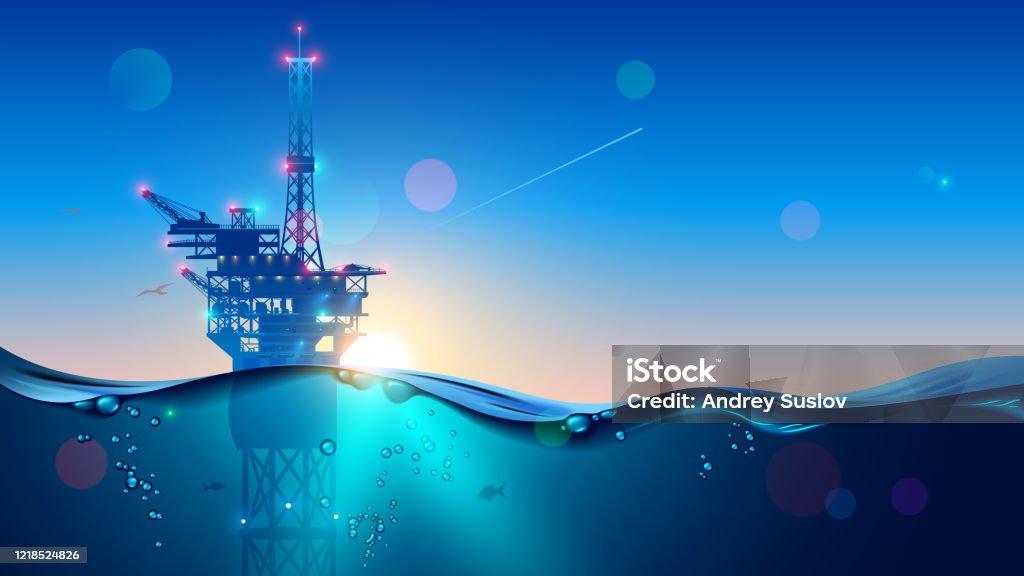 Морская нефть или газовая установка в море в время заката. промышленности буровой платформы в океане. Вода с подводными пузырьками с восход - Векторная графика Моторное масло роялти-фри