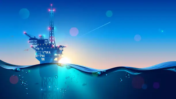 Vector illustration of Offshore Oil or Gas Rig in sea at sunset time. industry drill platform in ocean. Water with underwater bubbles with sunrise on horizon. subsea marine landscape. Mining petroleum.