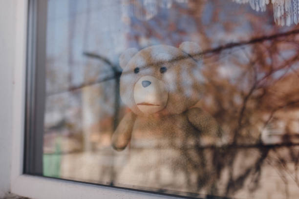 istock teddy bear near the window, stay home 1218524948
