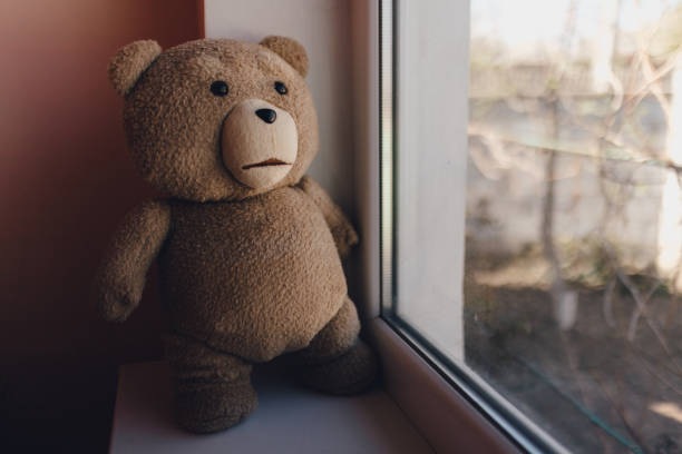 istock teddy bear near the window, stay home 1218525579