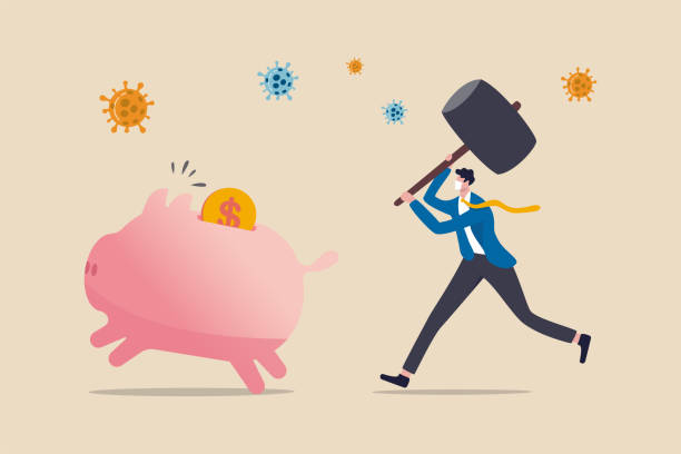 ilustrações de stock, clip art, desenhos animados e ícones de debt in coronavirus covid-19 crisis, people have no money to pay for loan and getting broke concept, businessman holding hammer run to hit piggy bank, dollar coin money with coronavirus pathogen. - hit and run