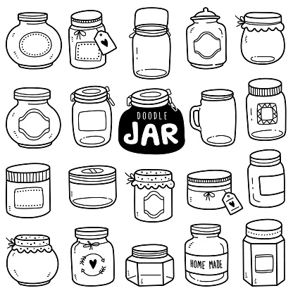 Set of vector doodle element related to jars. Set of hand-drawn empty jars isolated over white background.