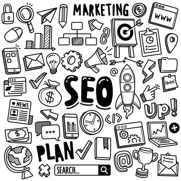 손으로 그린 벡터 컬렉션 : seo - search engine marketing white background internet stock illustrations