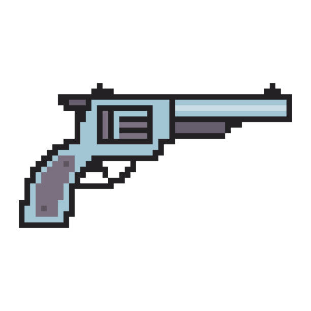 ilustrações, clipart, desenhos animados e ícones de arma de arte pixel. ícone da web do jogo vector de 8 bits isolado em fundo branco. - computer shooting handgun gun