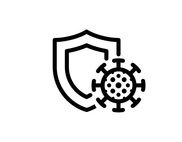 Immune system concept. Hygienic medical black shield protecting from coronavirus COVID-19 icon. Human immunity sign. Corona virus defense symbol vector isolated illustration Immune system concept. Hygienic medical black linear shield protecting from coronavirus COVID-19 icon. Human immunity sign. Corona virus defense symbol vector isolated illustration antiviral drug stock illustrations