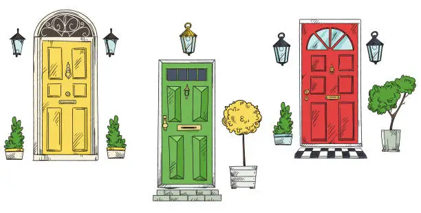 Vector illustration of collection of British traditional home entrance doors , vector sketch