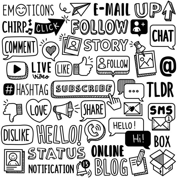 Hand-drawn Vector Collection: Social Media Word Terms Set of vector doodle element related to social media. Collection of hand drawn social media word terms and phrase. social media followers illustrations stock illustrations