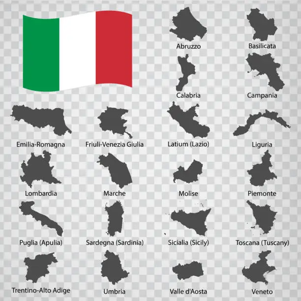 Vector illustration of Twenty Maps region of Italy - alphabetical order with name. Every single map of region are listed and isolated with wordings and titles. Italian Republic. Regions. EPS10.