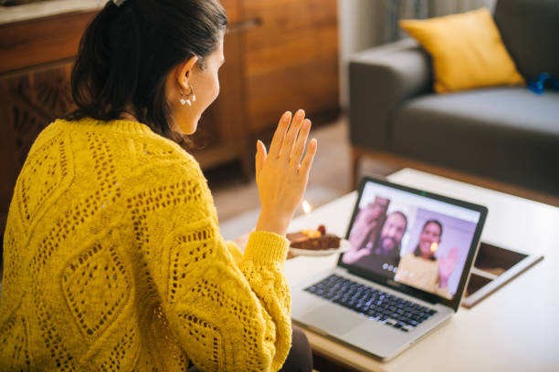 istock Woman celebrating birthday with video conference 1218532416