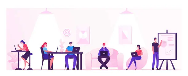 Vector illustration of Business People Characters Working and Relaxing in Coworking Area or Creative Office at Covid19 Quarantine. Teamwork Communication, Digital Technologies and Crowdsourcing. Cartoon Vector Illustration