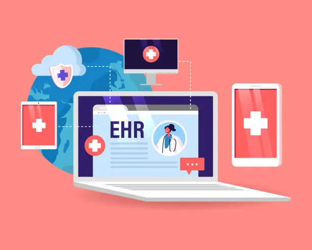 Vector illustration of Ehr, Electronic Health Record Concept. Innovative Technologies in Health Care and Medicine, Online Report from Patients to Doctors via Digital Devices. Laptop with Info. Cartoon Vector Illustration