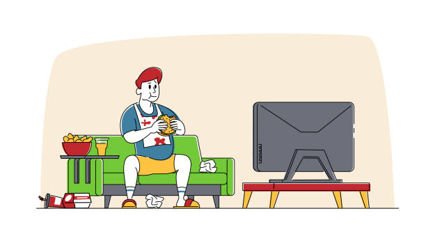 Fastfood Addiction, Unhealthy Eating Bad Habit Concept. Fat Man Character Sitting on Couch at Home with Plenty of Fast Food Contain Carbohydrates and Oils Watch Tv, Obesity. Linear Vector Illustration Fastfood Addiction, Unhealthy Eating Bad Habit Concept. Fat Man Character Sitting on Couch at Home with Plenty of Fast Food Contain Carbohydrates and Oils Watch Tv, Obesity. Linear Vector Illustration greedy stock illustrations