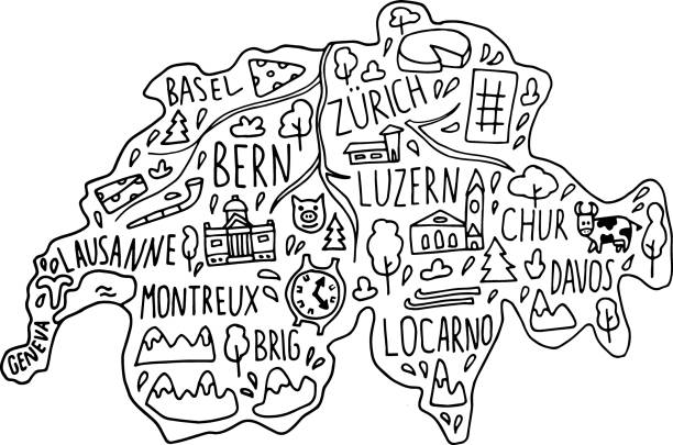 ręcznie rysowane doodle mapa szwajcaria. szwajcarskie nazwy miast napisy i kreskówki zabytków, atrakcji turystycznych cliparts. - edelweiss stock illustrations