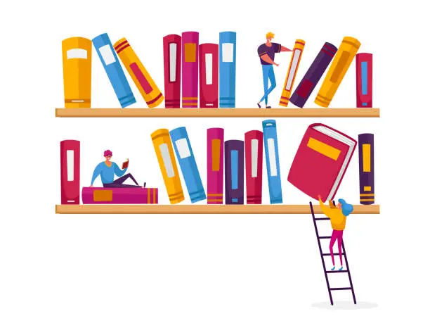 Vector illustration of People Read and Study, Students Prepare for Examination, Gaining Knowledges. Reading and Education Concept with Tiny Male and Female Character on Shelf with Huge Books. Cartoon Vector Illustration