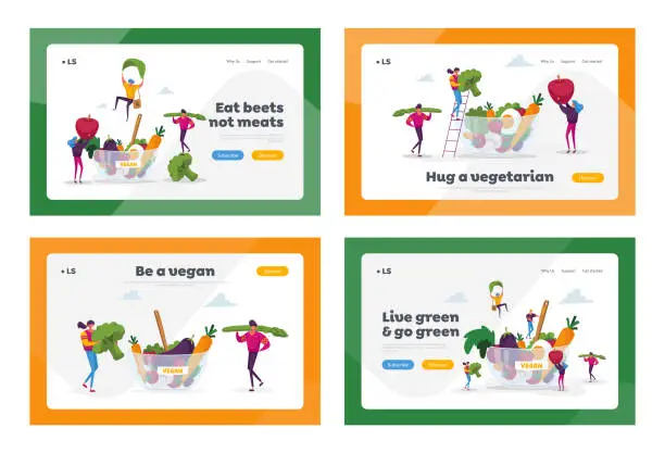 Vector illustration of Healthy Food, Vegetarian Diet Landing Page Template Set. Tiny Characters at Huge Bowl with Fruits, Vegetables and Eggs. Healthy Lifestyle, Organic Vegan Choice. Cartoon People Vector Illustration