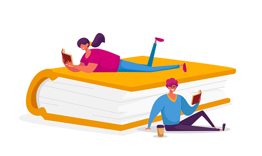 People Enthusiastically Reading Sitting and Lying on Huge Book. Young Woman and Man Students Spend Time in Library or Prepare for Examination Characters Gaining Knowledge. Cartoon Vector Illustration