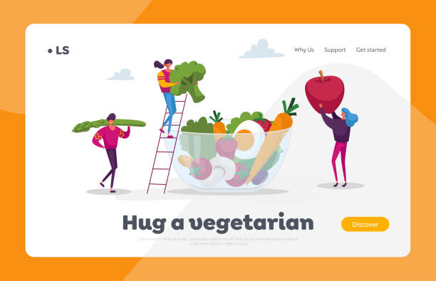 ilustrações de stock, clip art, desenhos animados e ícones de healthy vegan food choice landing page template. young people characters put huge vegetables, berries and fruits into glass bowl. vitamins in products, organic greenery. cartoon vector illustration - man eating healthy