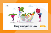 istock Healthy Vegan Food Choice Landing Page Template. Young People Characters Put Huge Vegetables, Berries and Fruits into Glass Bowl. Vitamins in Products, Organic Greenery. Cartoon Vector Illustration 1218534418