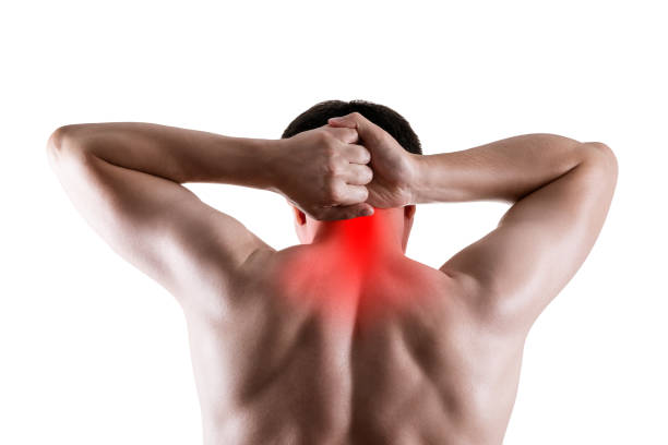 istock Neck pain, man suffering from backache isolated on white background 1218538905