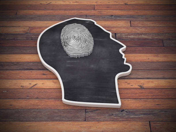 istock Human Head Shape with Fingerprint on Wood Floor - 3D Rendering 1218538959