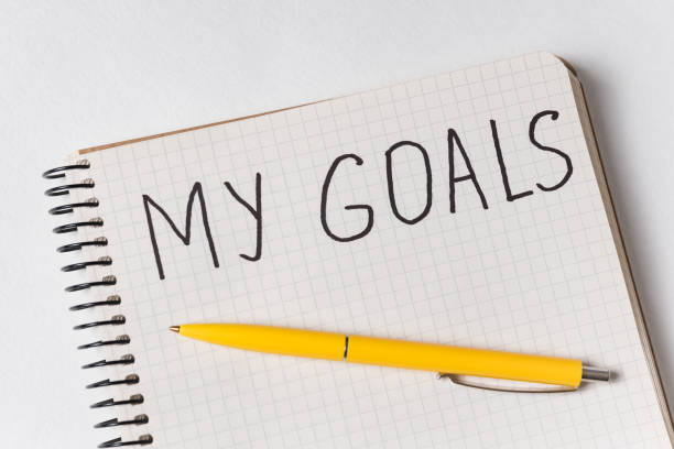 istock Inscription in copybook MY GOALS. Pen and notebook. Close up. 1218539953