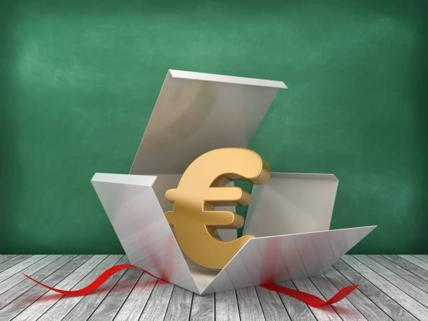 istock Gift Box with Euro Symbol on Chalkboard Background - 3D Rendering 1218540069