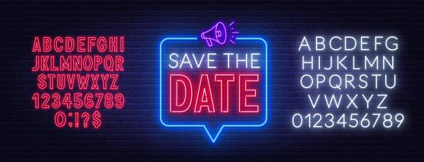Save the date neon sign on brick wall background. Save the date neon sign on brick wall background. Neon alphabet on brick wall background. Vector illustration. save the date font stock illustrations