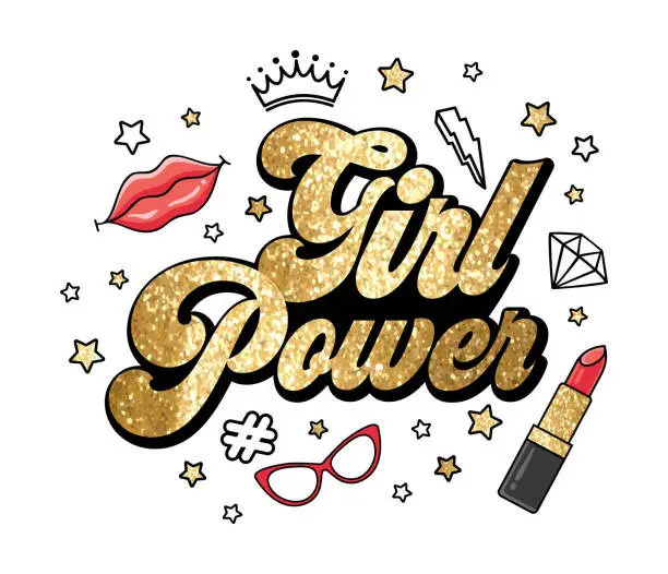 Vector illustration of Girl power feminism illustration with gold glitter typography, stars, lipstick, crown, lips, diamond and sunglasses on white background