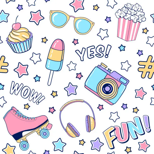 Vector illustration of Vector fashion seamless pattern with ice cream, roller skates, headphones, photo camera, stars, popcorn and sunglasses. Colorful party background