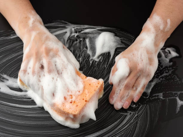 istock two female hands in white soapy foam hold a wet sponge and wipe the black surface 1218540947