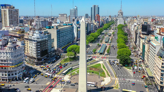 Obelisk of Buenos Aires, historic monument and icon of Buenos Aires, located in the Plaza de la Republica in the intersection of avenues Corrientes and 9 de Julio, Buenos Aires, Argentina