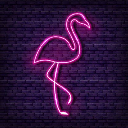 Vector bright neon lamp signboard with pink flamingo silhouette. Glowing bird banner on purple brick wall background