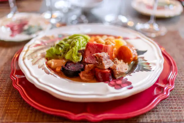 Traditional national dish of Portugal: Cozido a portuguesa. Portuguese cuisine. (Selective focus)