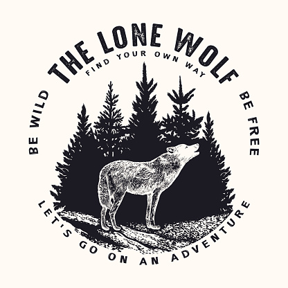 Vector black and white hand drawn round illustration of wild howling wolf silhouette on pine trees forest and typography background. T-shirt print, emblem, label or badge design