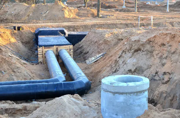 Photo of Laying drain pipes and concrete manholes for stormwater system. Connecting a trench drain to a concrete manhole structure at construction site. Construct stormwater and underground utilities