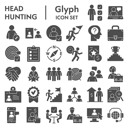 Head hunting solid icon set. Job and office collection or sketches, symbols. Corporate business signs for web, glyph style pictogram package isolated on white background. Vector graphic
