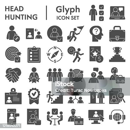 istock Head hunting solid icon set. Job and office collection or sketches, symbols. Corporate business signs for web, glyph style pictogram package isolated on white background. Vector graphic. 1218542271