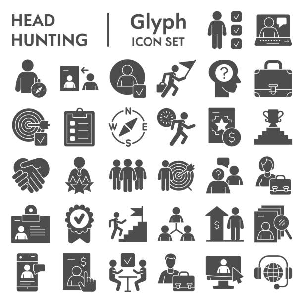 Head hunting solid icon set. Job and office collection or sketches, symbols. Corporate business signs for web, glyph style pictogram package isolated on white background. Vector graphic. Head hunting solid icon set. Job and office collection or sketches, symbols. Corporate business signs for web, glyph style pictogram package isolated on white background. Vector graphic labor icon stock illustrations