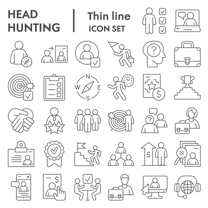 Head hunting thin line icon set. Job and office collection or sketches, symbols. Corporate business signs for web, outline style pictogram package isolated on white background. Vector graphic