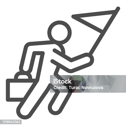 istock Career races line icon. Running man with flag and briefcase outline style pictogram on white background. Business competition for mobile concept and web design. Vector graphics. 1218542362