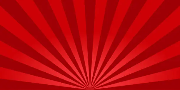 Vector illustration of Red sunburst background. Retro background with sun beam. Comic rays. Red bright sunbeams. Light texture backdrop for japanese style. Summer pattern with shiny flare for poster and banner. Vector