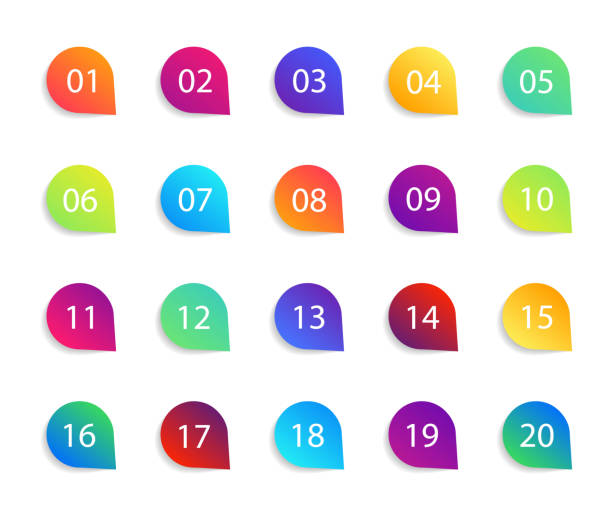 Bullet point icons with numbers. Color circles for infographic with shadow. Markers with number 1 to 20. Rounds for buttons, tags, ui and graphic map. Set of graphic pointer with steps. Vector Bullet point icons with numbers. Color circles for infographic with shadow. Markers with number 1 to 20. Rounds for buttons, tags, ui and graphic map. Set of graphic pointer with steps. Vector. page number design stock illustrations