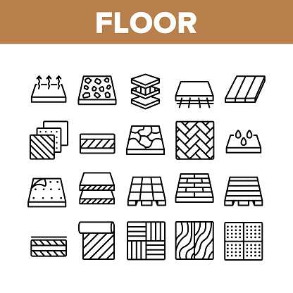 Floor And Material Collection Icons Set Vector. Parquet And Carpet, Laminate And Marble, Linoleum Roll And Waterproof Floor Concept Linear Pictograms. Monochrome Contour Illustrations