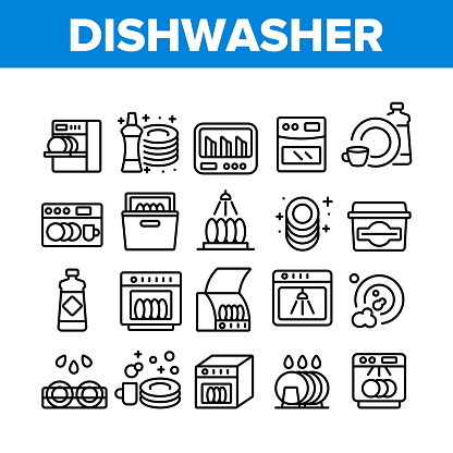 Dishwasher Utensil Collection Icons Set Vector. Dishwasher Equipment And Cleaning Liquid Bottle For Wash Dishware Cup And Plate Concept Linear Pictograms. Monochrome Contour Illustrations