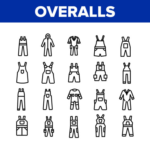 ilustraciones, imágenes clip art, dibujos animados e iconos de stock de general worker protect clothes icons set vector - overalls