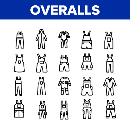 Overalls Worker Protect Clothes Icons Set Vector. Human Protection Overalls, Safety And Protective Body Clothing And Workwear Concept Linear Pictograms. Monochrome Contour Illustrations