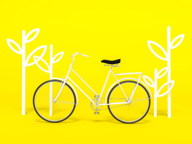 white bicycle with tree shape decoration frame 3d rendering. 3d illustration ecological urban transport. vintage bicycle on yellow background. relax, travel, holiday template summer minimal concept. - ped imagens e fotografias de stock