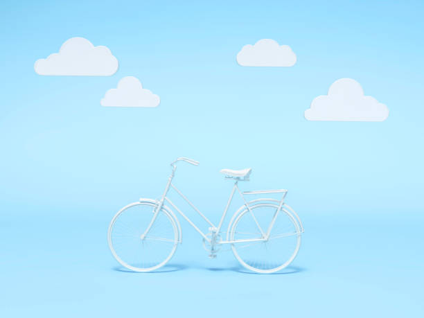 istock White bicycle with Cloud shape decoration frame 3d rendering. 3d illustration ecological urban transport. Vintage bicycle on blue background. Relax, travel, tourism, holiday template minimal concept. 1218542844
